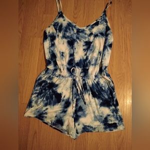 Blue and White Tye Dye Look Romper with Side Pockets